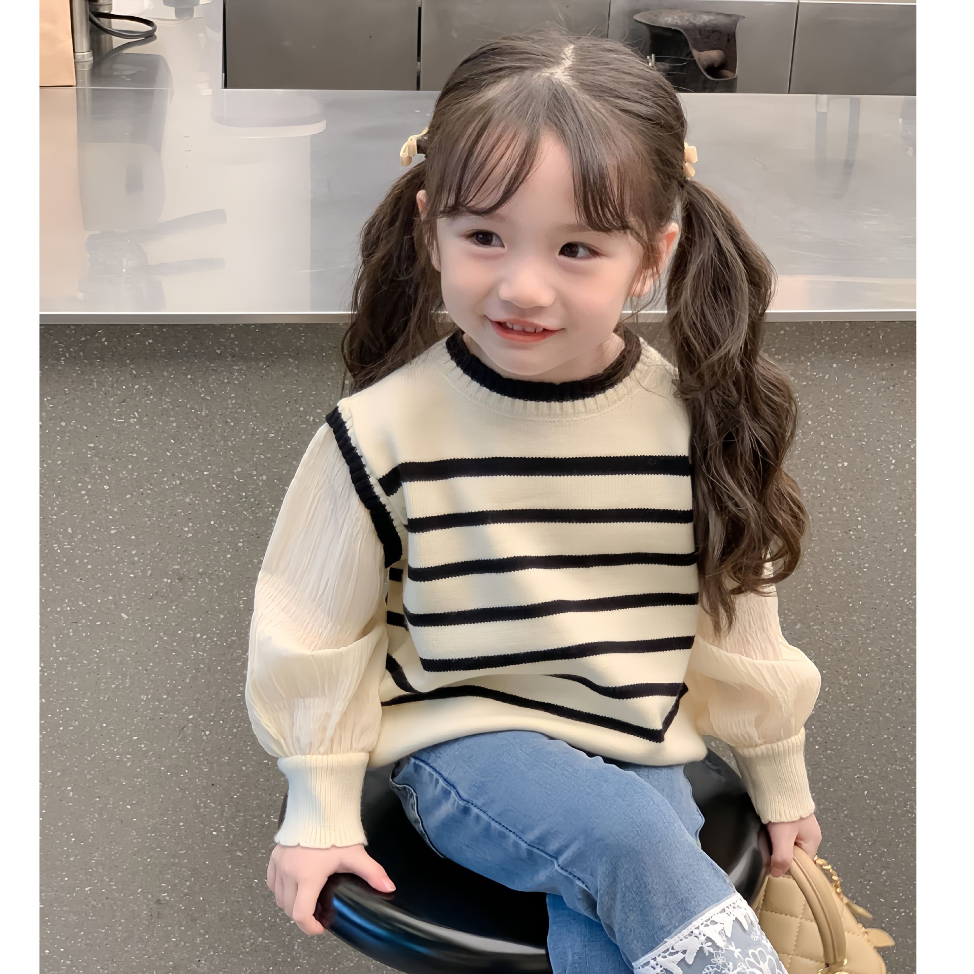 春秋新款女童针织衫儿童条纹假两件泡泡袖套头上衣女宝长袖薄款潮