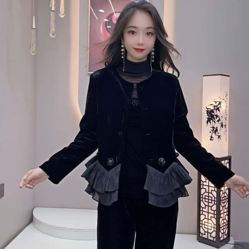 单件外套长袖带里衬上衣小香风四方立绒拼接黑色时尚秋季#马5616