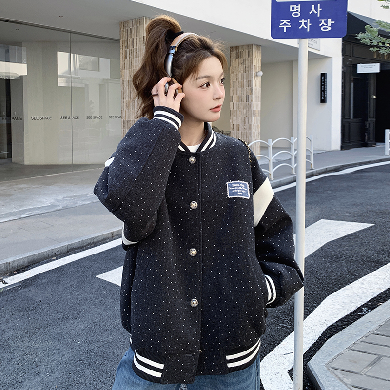 黑色时尚撞色波点棒球服女2025初春新款韩版设计感条纹小个子外套