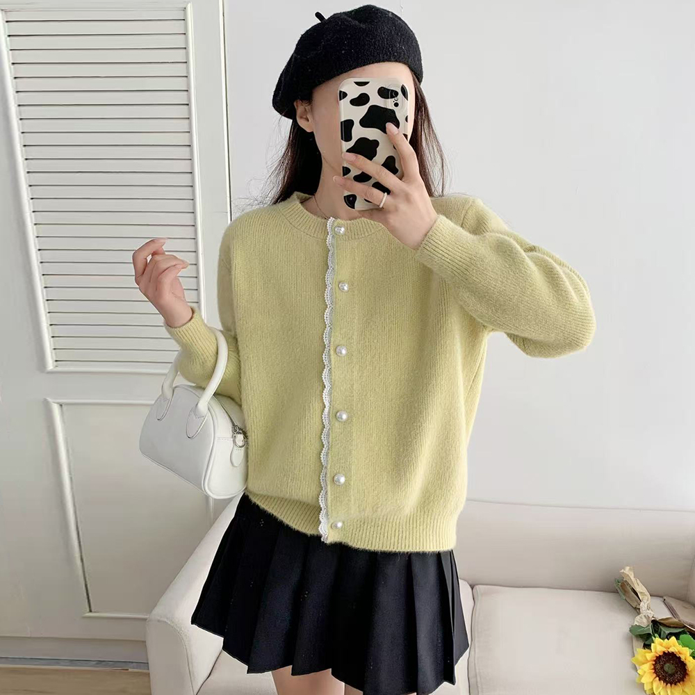 苏醒的乐园开衫女简约蕾丝边针织春装SXMY32927圆领百搭毛衣