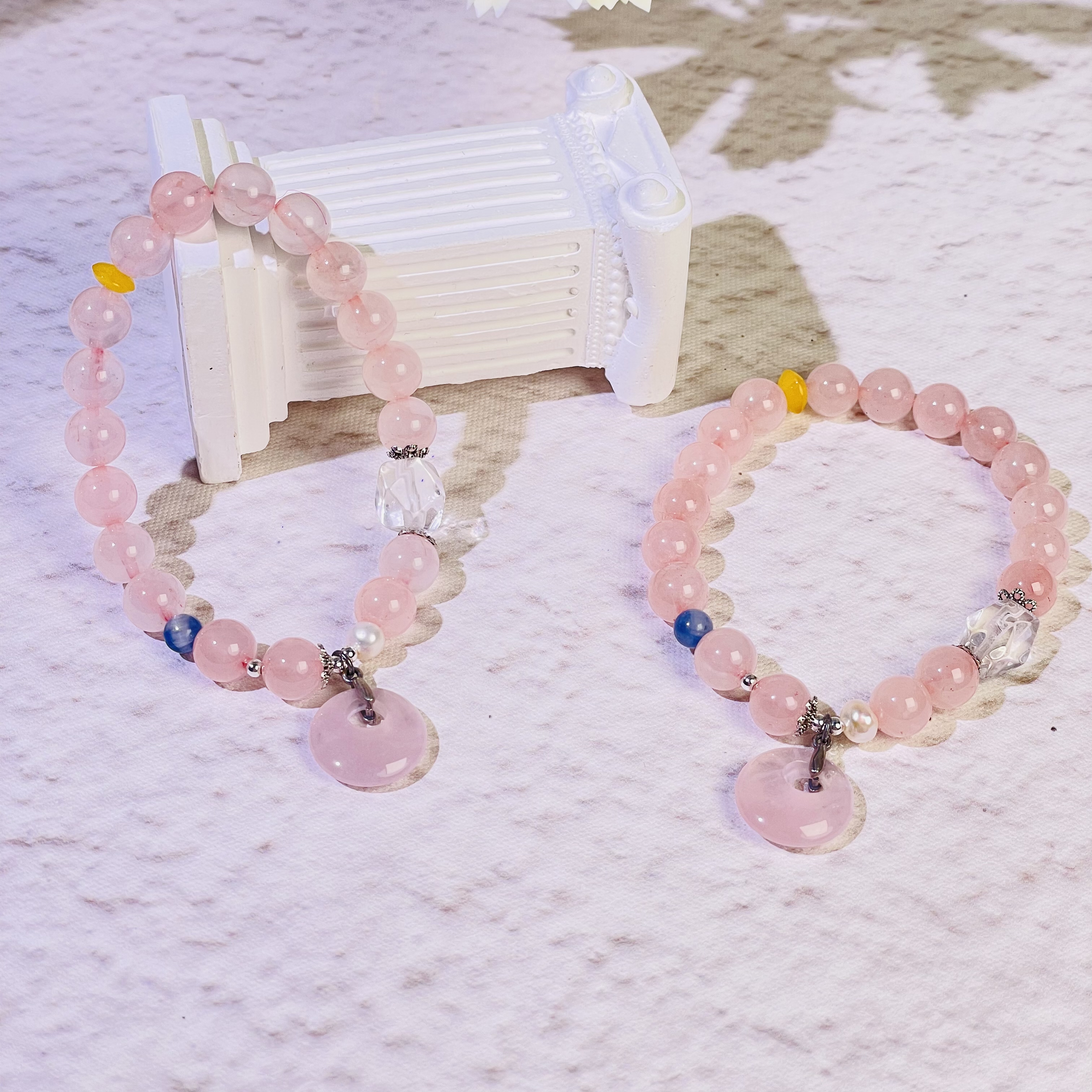 【2356 胭脂扣】粉晶钱袋子蓝晶石8mm手串面小仙多样性发其一