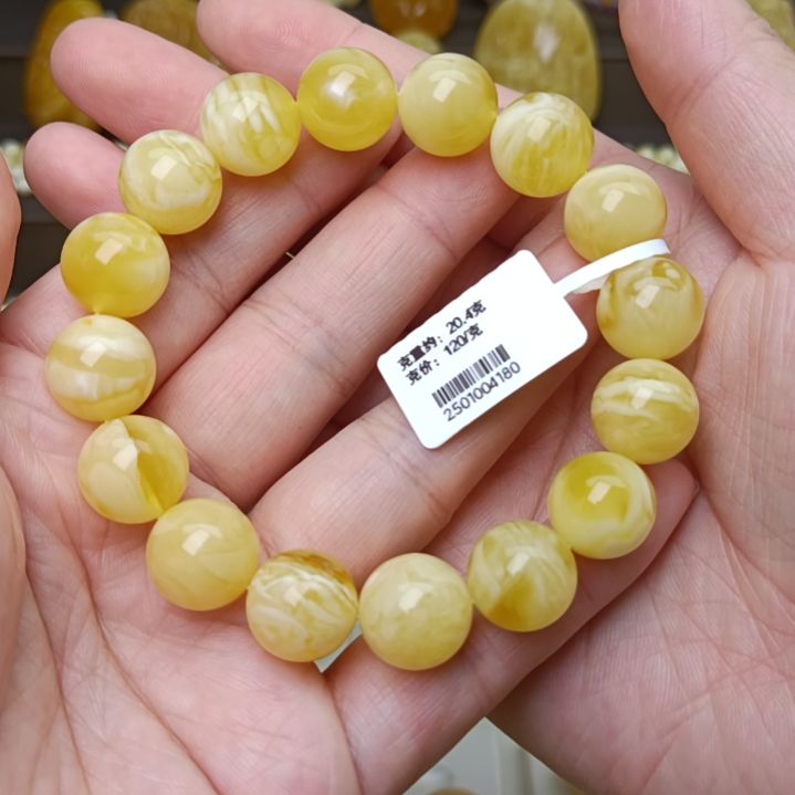 蜜蜡手链未镶嵌13圆珠金白溶洞妖花