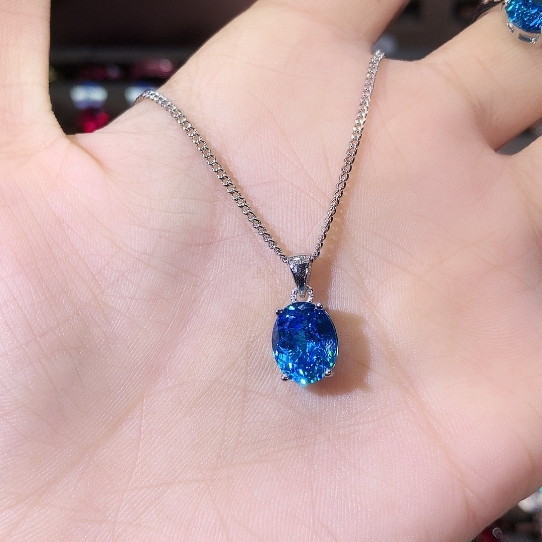 银S925镶嵌颈饰海蓝宝石白鸟巢切810