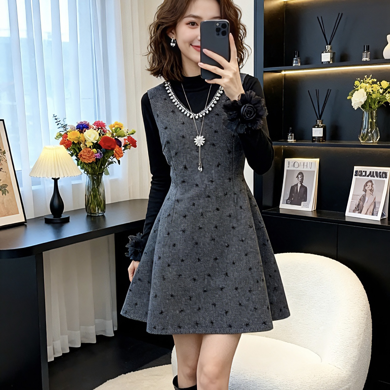 冬季新款大码女装时尚气质收腰显瘦马甲裙+打底衫两件套