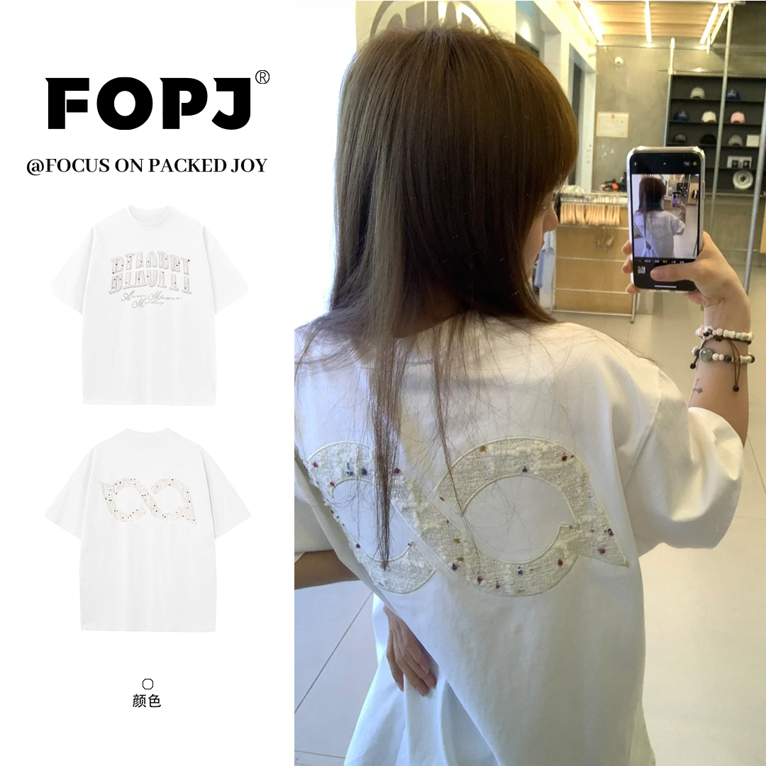 FOPJ美式潮牌刺绣设计感白色短袖t恤女夏季宽松休闲时尚慵懒上衣