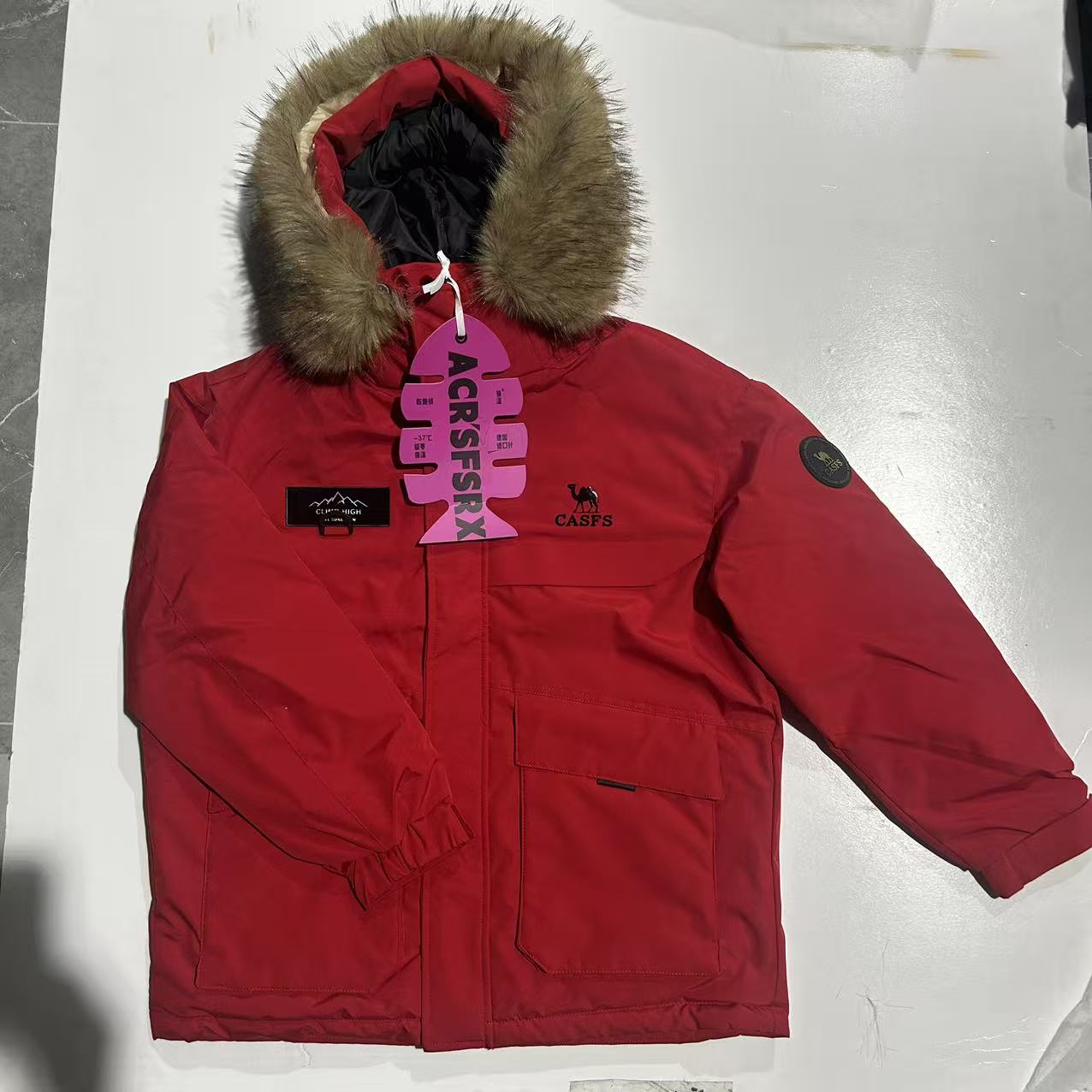 2XL红色带毛帽子羽绒卫衣