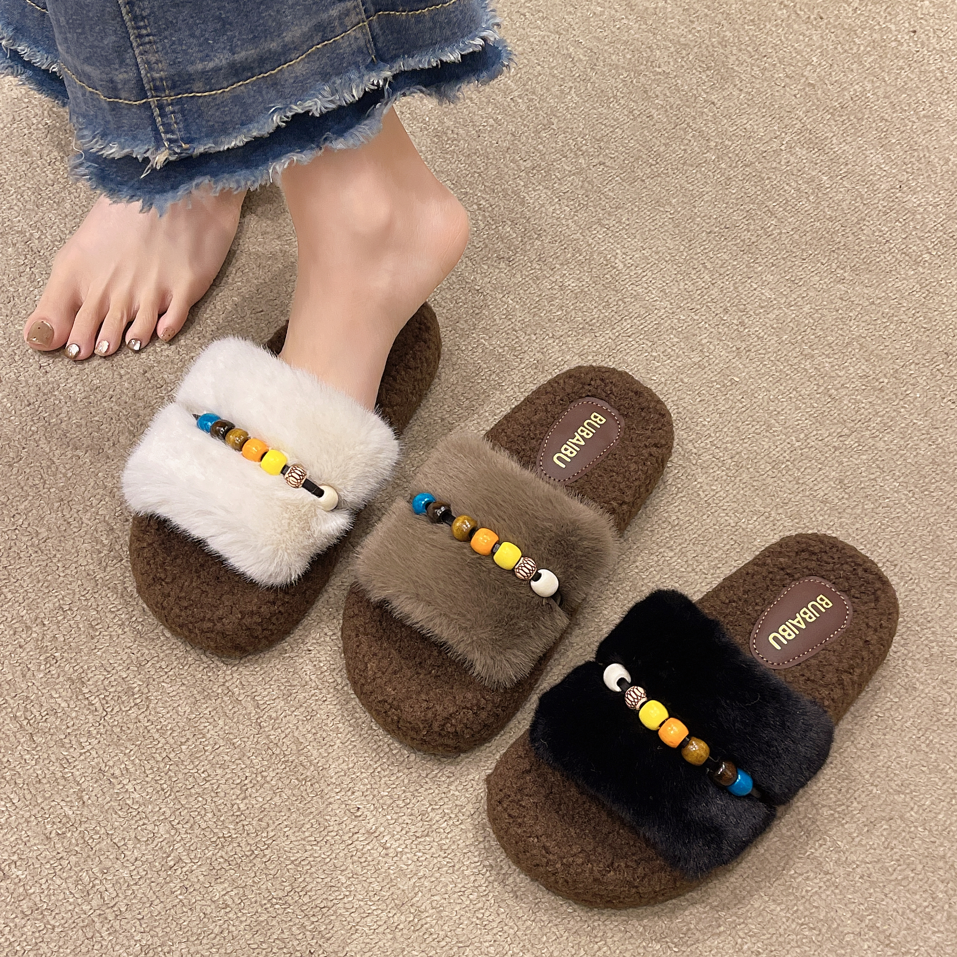 2025秋冬新款8826-9珠串带居家保暖棉拖鞋外穿毛毛拖