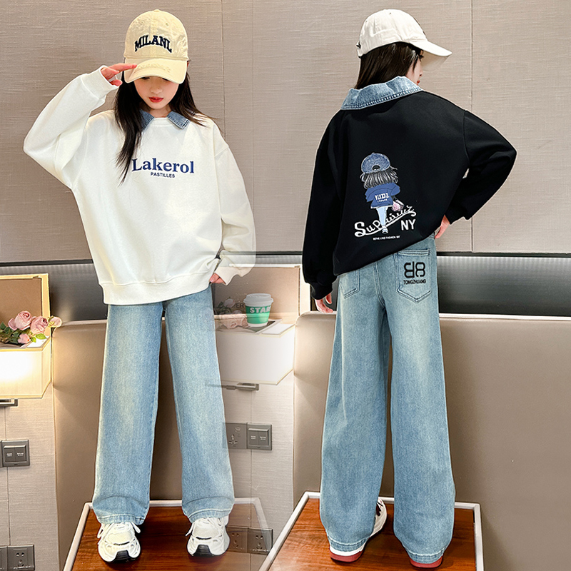 女童套装卫衣冬装款儿童休闲圆领长袖上衣大童秋冬季牛仔阔腿裤子