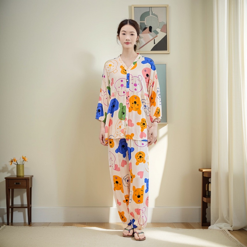 卡通大码棉绸睡衣女200斤夏季薄款可爱长袖开衫胖mm家居服两件套