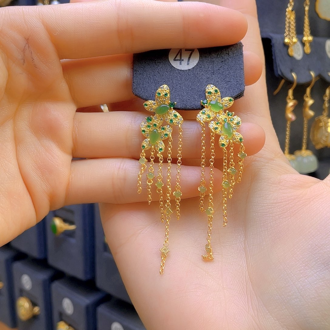 和田玉耳饰银S925镀金镶嵌