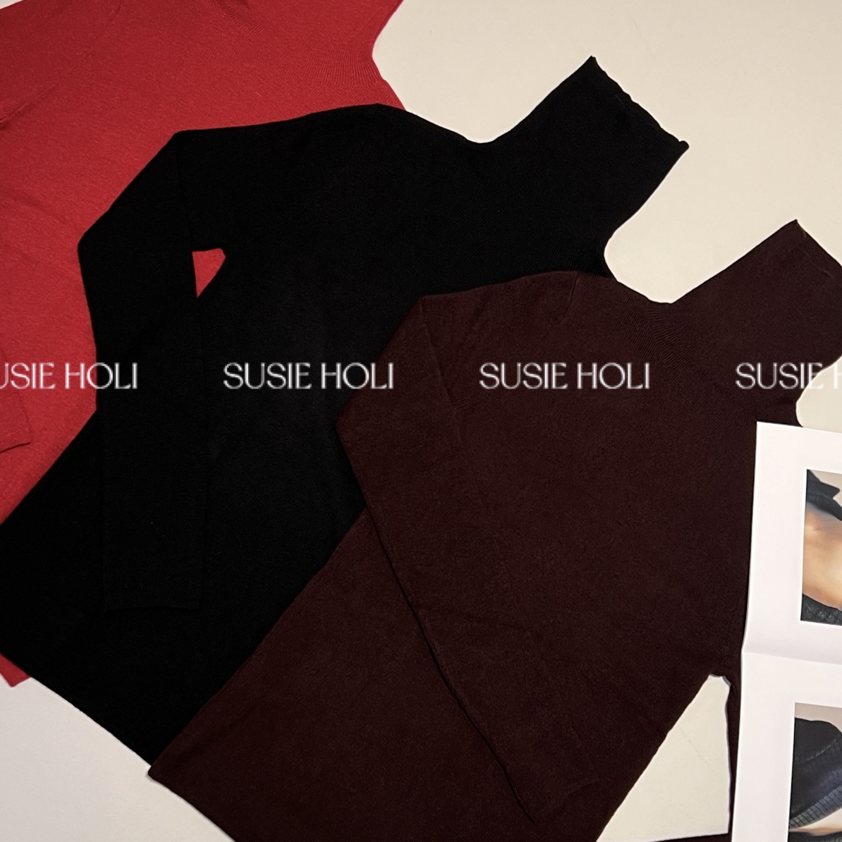 SUSIE HOLI 纯色薄款针织堆堆领打底上衣