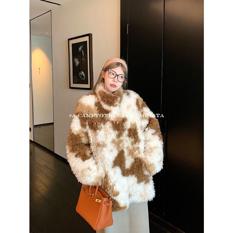 LUU桃喜儿/麂皮羊羔毛皮毛一体外套女秋冬慵懒环保皮草宽松上衣