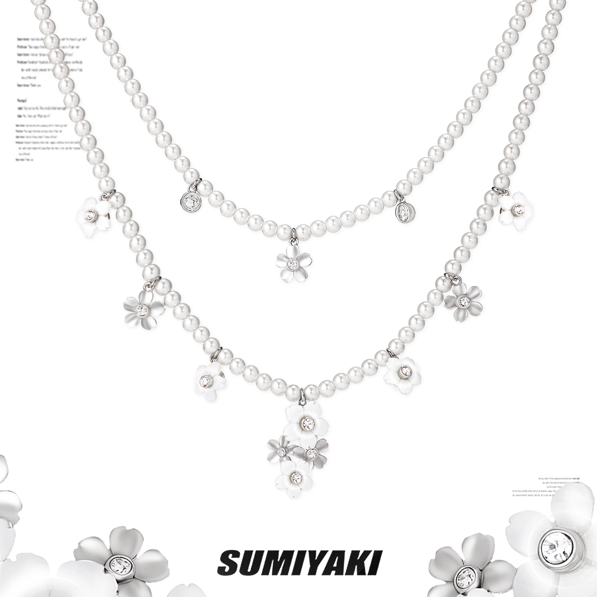 铜合金合成锆石吊坠 SUMIYAKI 樱花季双层珍珠项链春夏樱花锁骨链