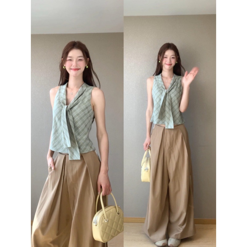 设计感绿色辣妹格纹领带收腰上衣女小众时尚百搭褶皱休闲裤女套装