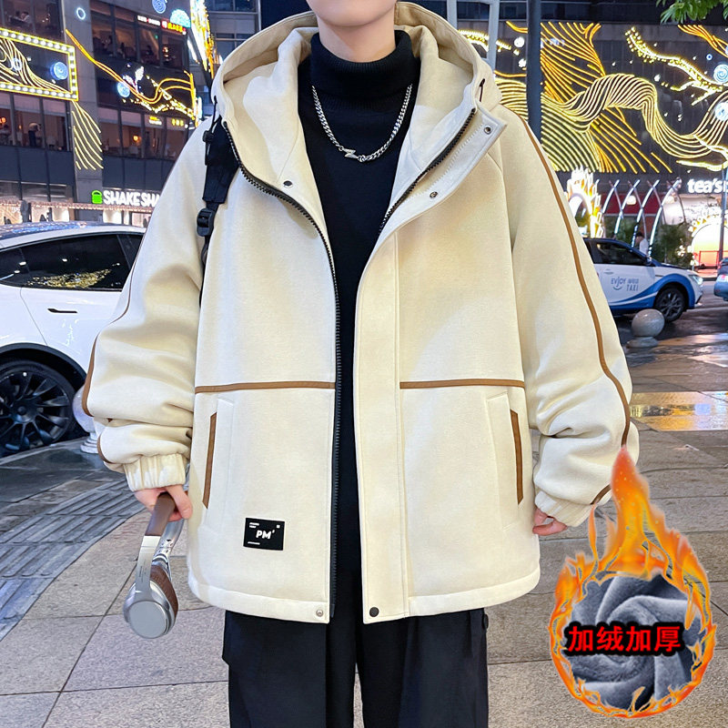 冬季加绒加厚连帽冲锋衣男连帽工装夹克棉衣加绒加厚保暖秋冬外套