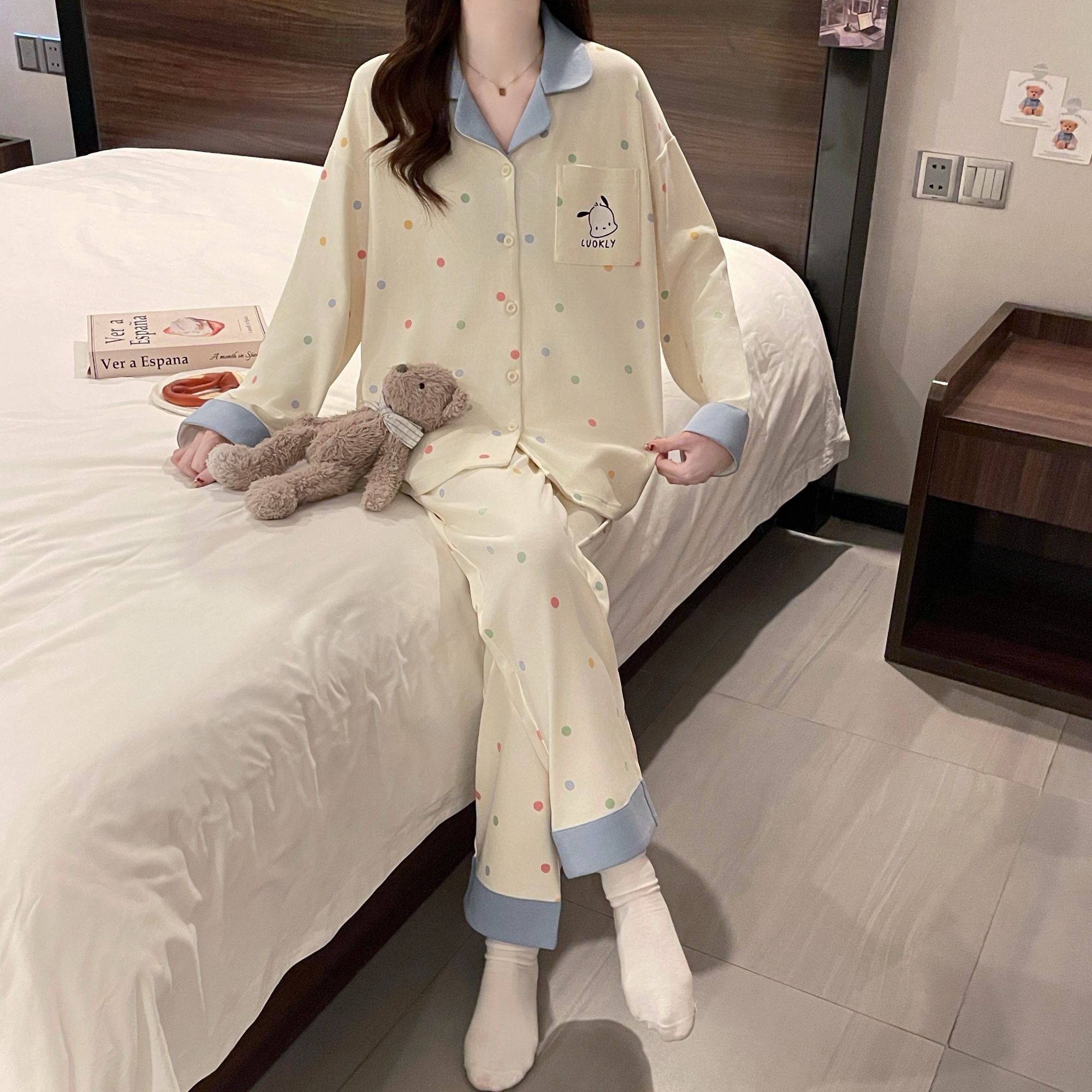 【炫彩波点】睡衣女秋冬季长袖甜美宽松可外穿家居服春秋款睡衣套装