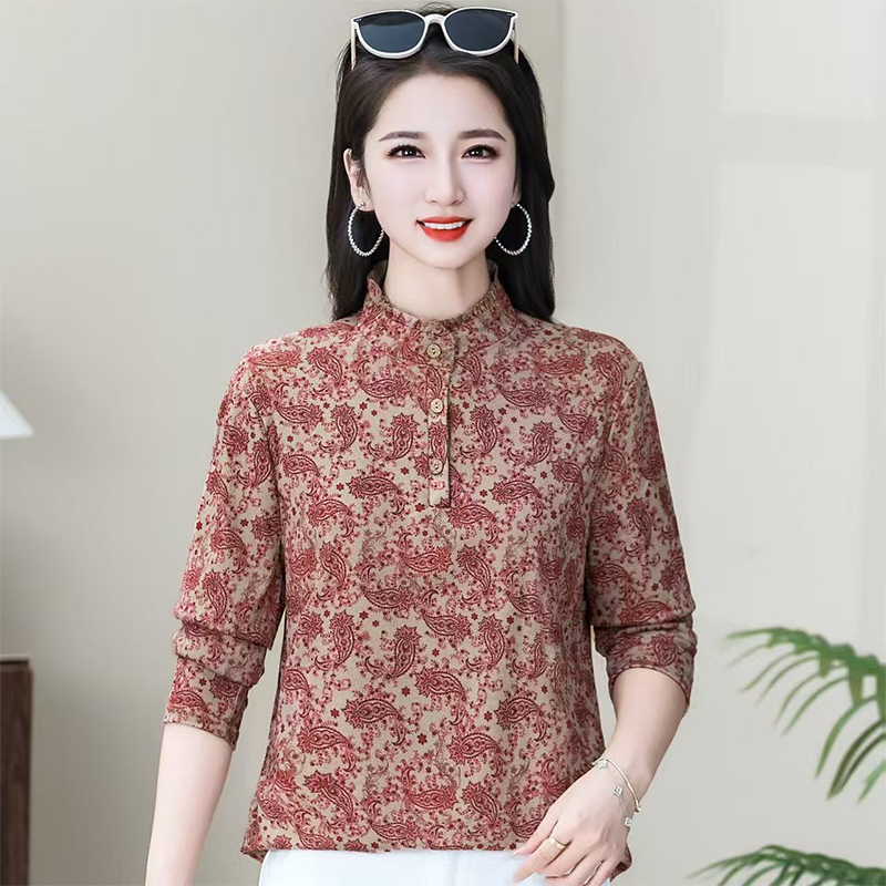 2025秋季新款中老年女士立领弹力打底衫妈妈长袖碎花小衫百搭时尚