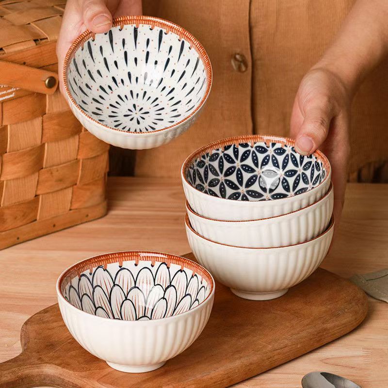 蓝绘4.5英寸  釉下彩工艺螺纹加厚防烫米饭碗家用吃饭碗商用欧式