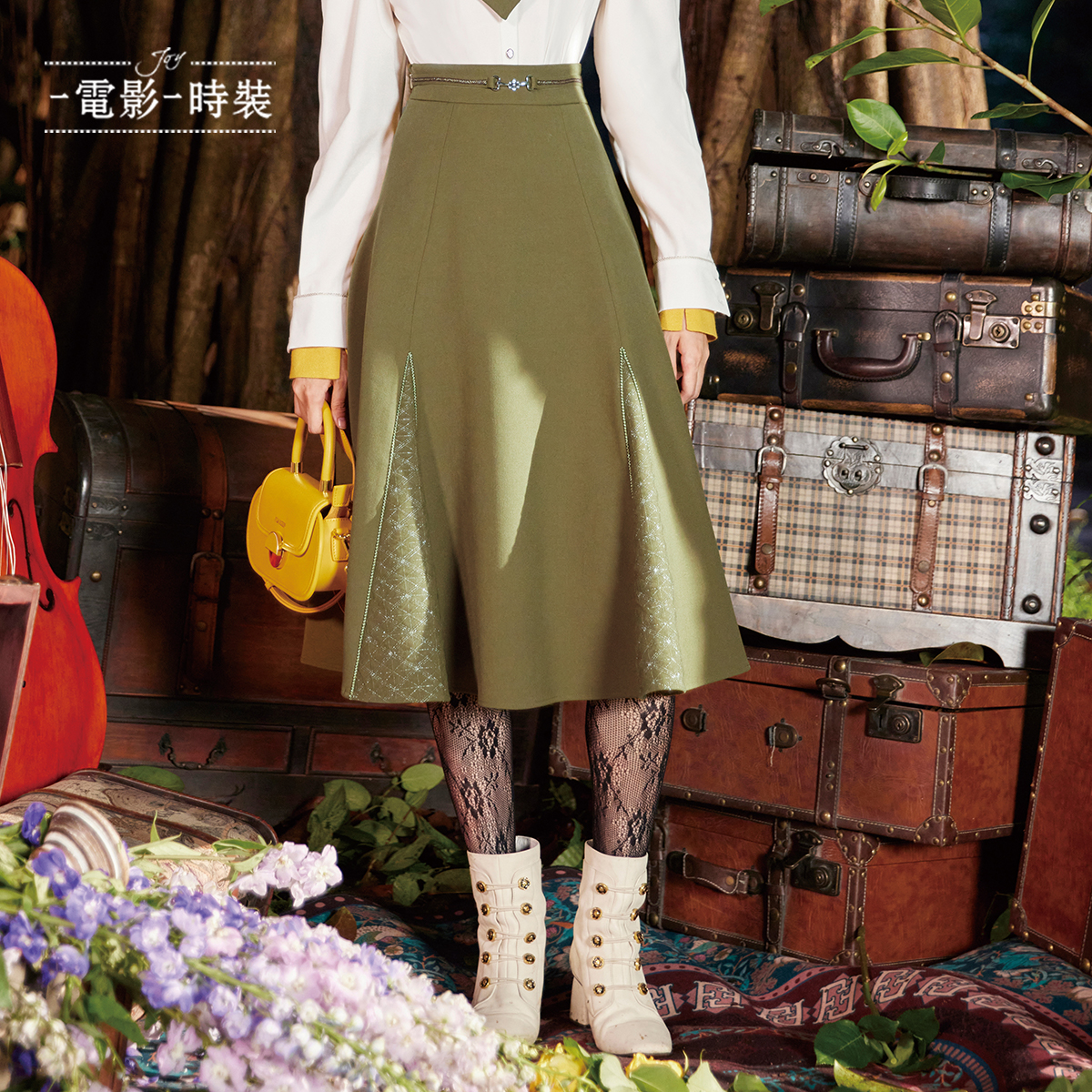 【九月专属】一电影一时装复古高腰拼接蕾丝中长款半身裙FCDQ146648