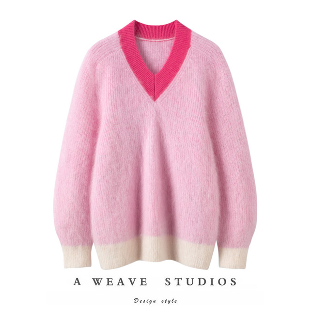 加厚V领山羊绒衫女粉红慵懒风长款拉毛拉绒山羊绒毛衣上衣