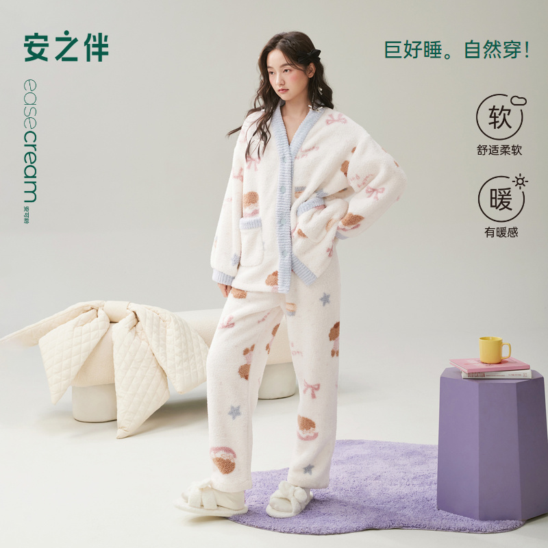 安之伴【巨保暖】双面安蕊绒冬季新款睡衣女保暖卡通加绒家居服套装
