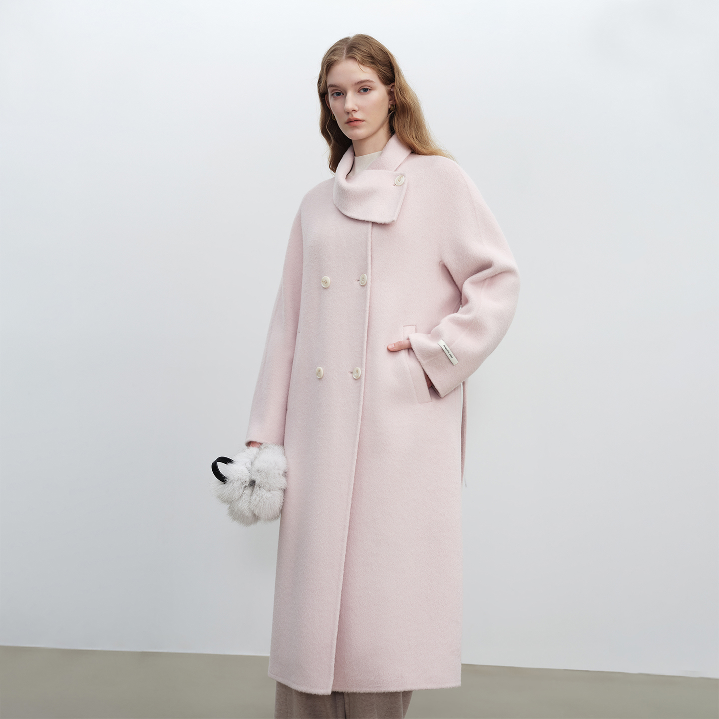 自巧巧制STUDIO 小个子女装绵羊毛大衣围巾领毛呢外套25ZQ94118