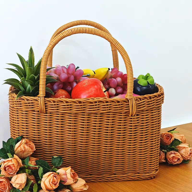 菜蓝提手野餐郊游纯手工编织大号36*20*20