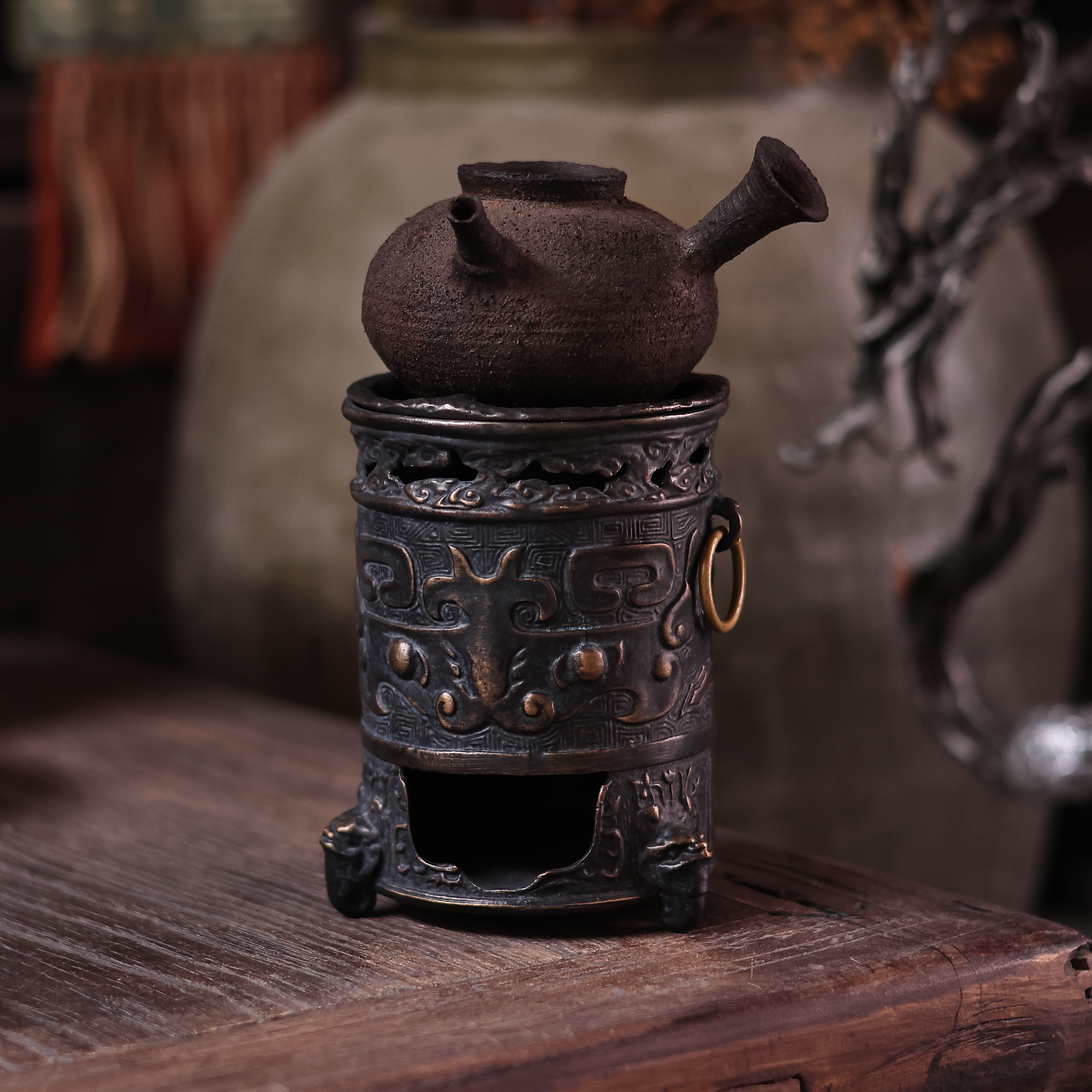 【柿间浅憩】全手工*青铜饕餮纹碳炉（高13*直径9）