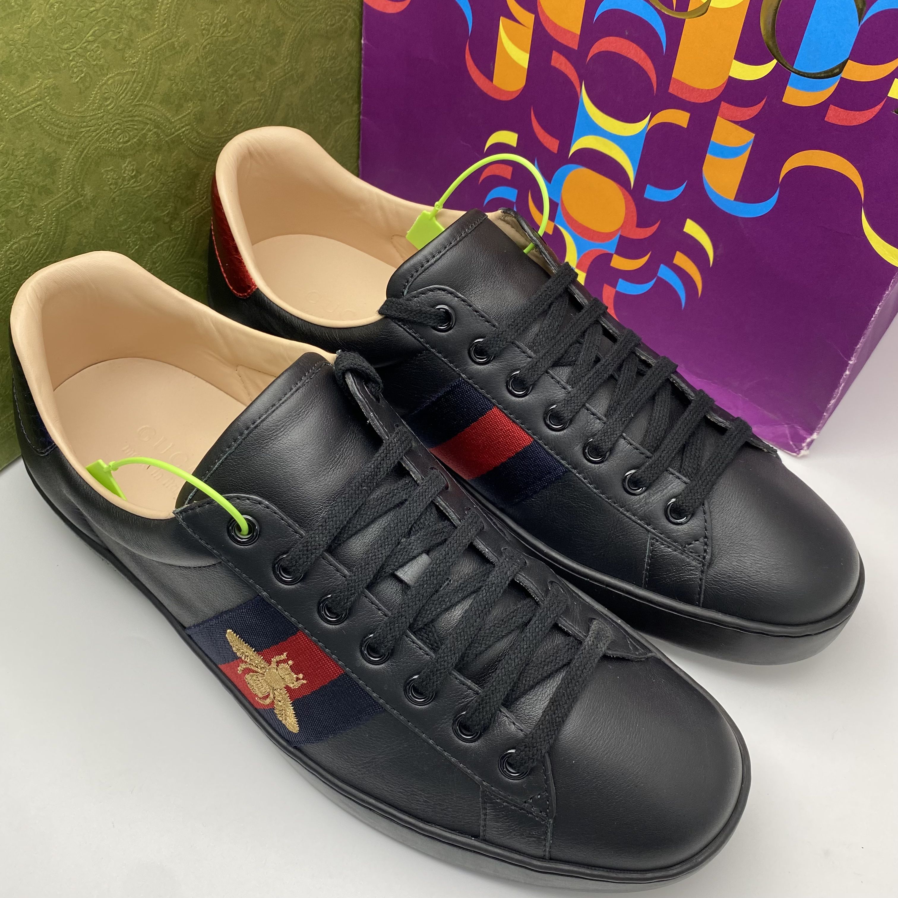 99新 GUCCI/古驰 44欧码/黑色经典织带刺绣蜜蜂休闲板鞋