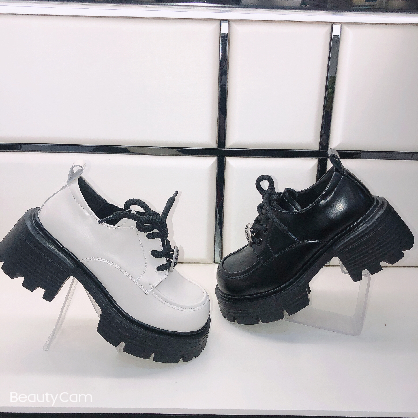 显脚小高跟乐福鞋女系带英伦风厚底增高单鞋