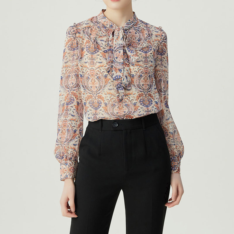 哥弟阿玛施正2025早春新通勤气质飘带印花雪纺长袖衬衫女1300982