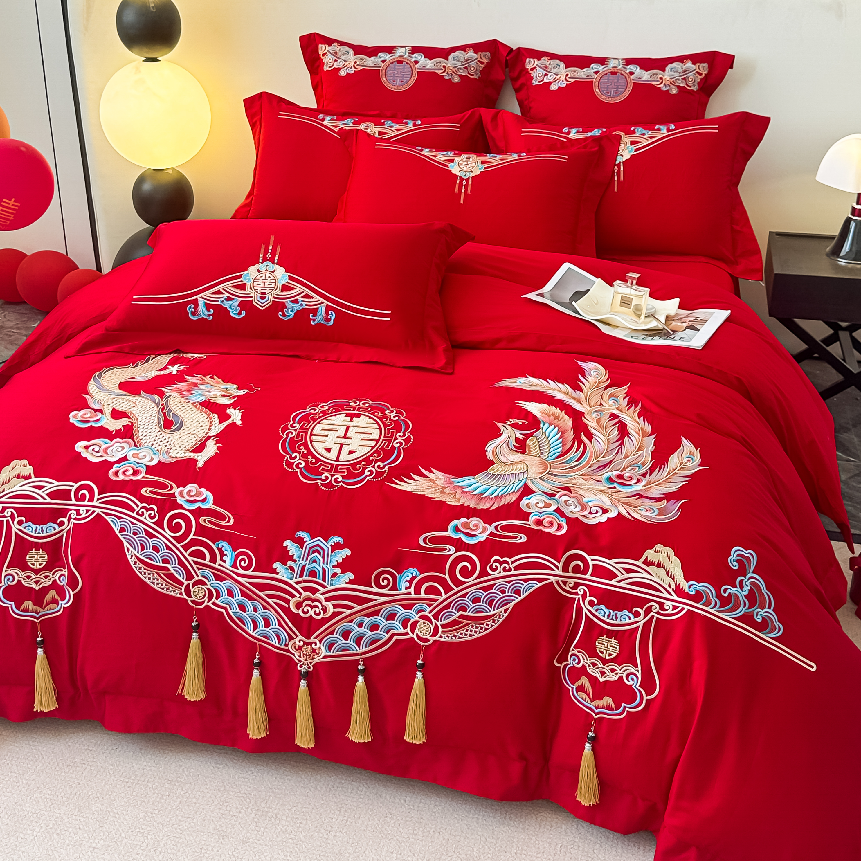 【祥瑞】中式大红色龙凤刺绣四件套婚庆被套婚房陪嫁床上用品
