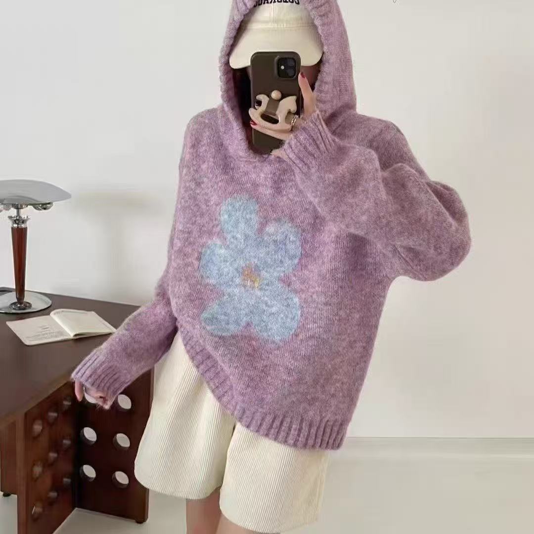【韩单】秋冬款，羊毛混纺，韩系大花连帽女款毛衣- 1081