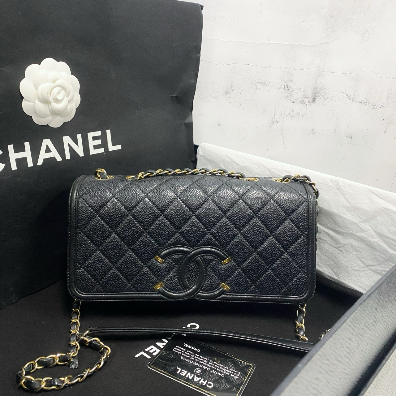 99新 Chanel/香奈儿 Chanel 香奈儿黑金荔枝皮双C链条包 23开有卡