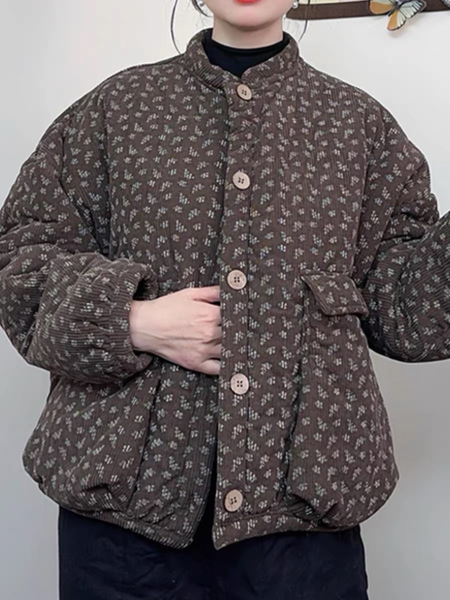 2025冬季加绒加厚碎花棉袄保暖休闲大口袋韩版棉衣妈妈装保暖外套
