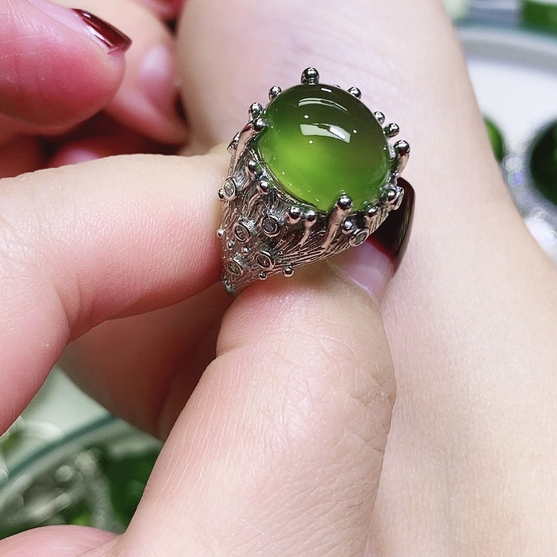 清***线蛇纹石玉银S925镶嵌戒指