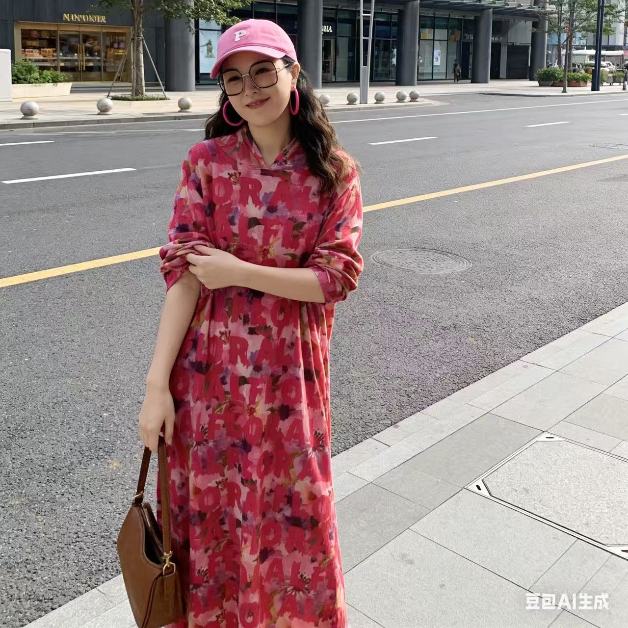 777-30粉色字母连帽圆领连衣裙