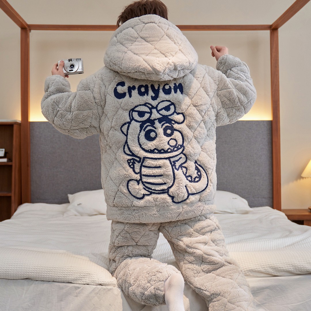 珊瑚绒睡衣男士2025新款秋冬季三层加绒加厚夹棉可外穿家居服套装