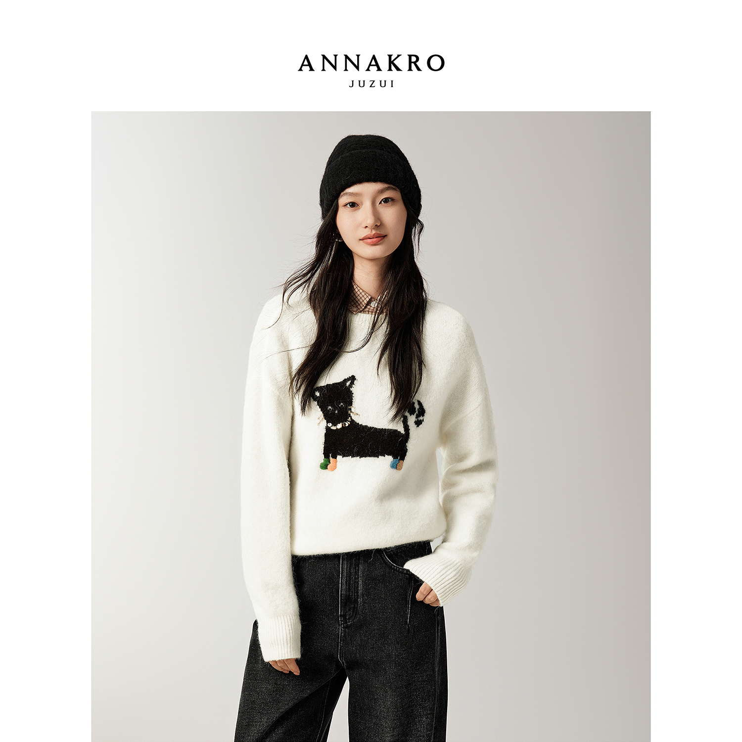 【小余专属】玖姿·安娜蔻KWFD31057猫咪提花羊毛针织衫女冬新款