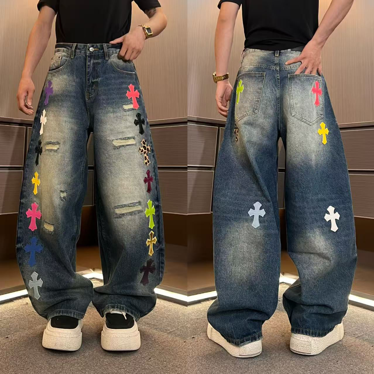 裤子31041男士高品质假破洞彩色十字拼皮立体宽松弯刀牛仔裤