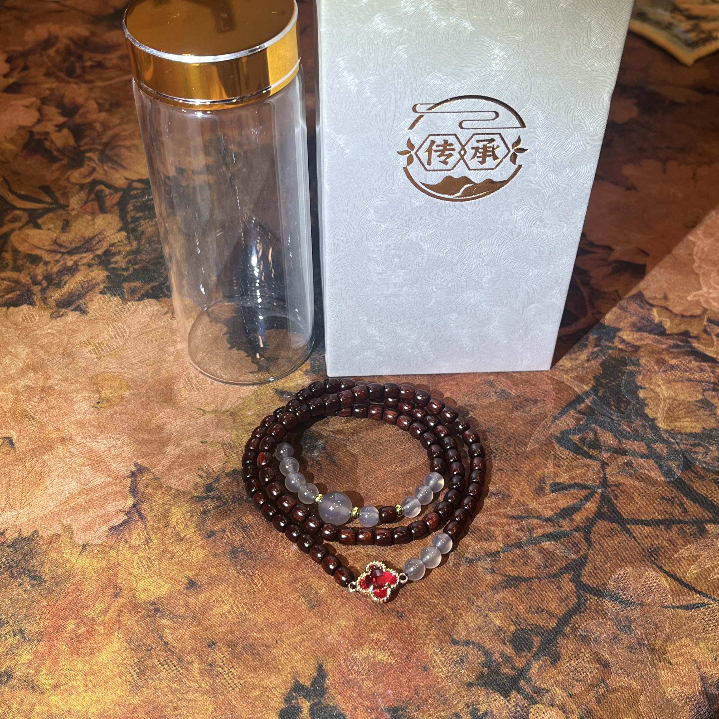 S1080-小叶紫檀0.5*108桶珠双圈+盒子