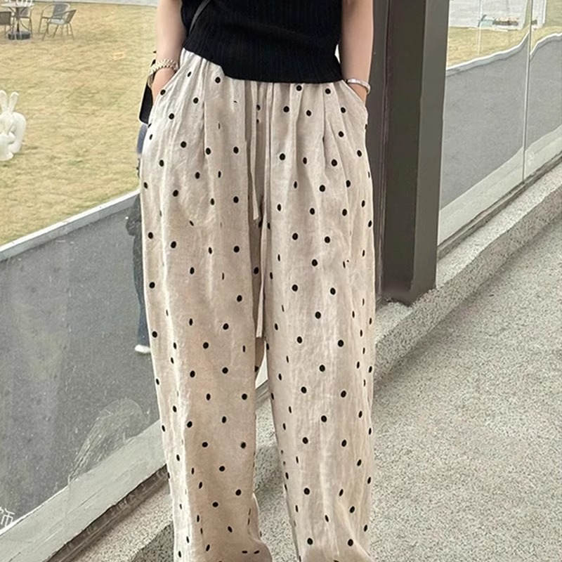 亚麻波点山本裤女夏季薄款2025新款松紧高腰抽绳阔腿裤宽松慵懒风
