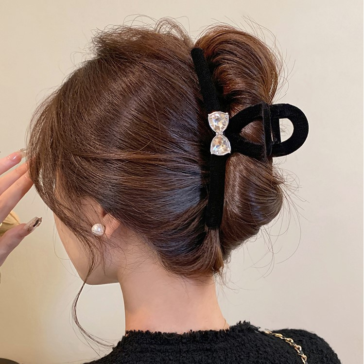 复古丝绒镶钻蝴蝶结抓夹大号高级气质发夹女后脑勺盘发鲨鱼夹发饰