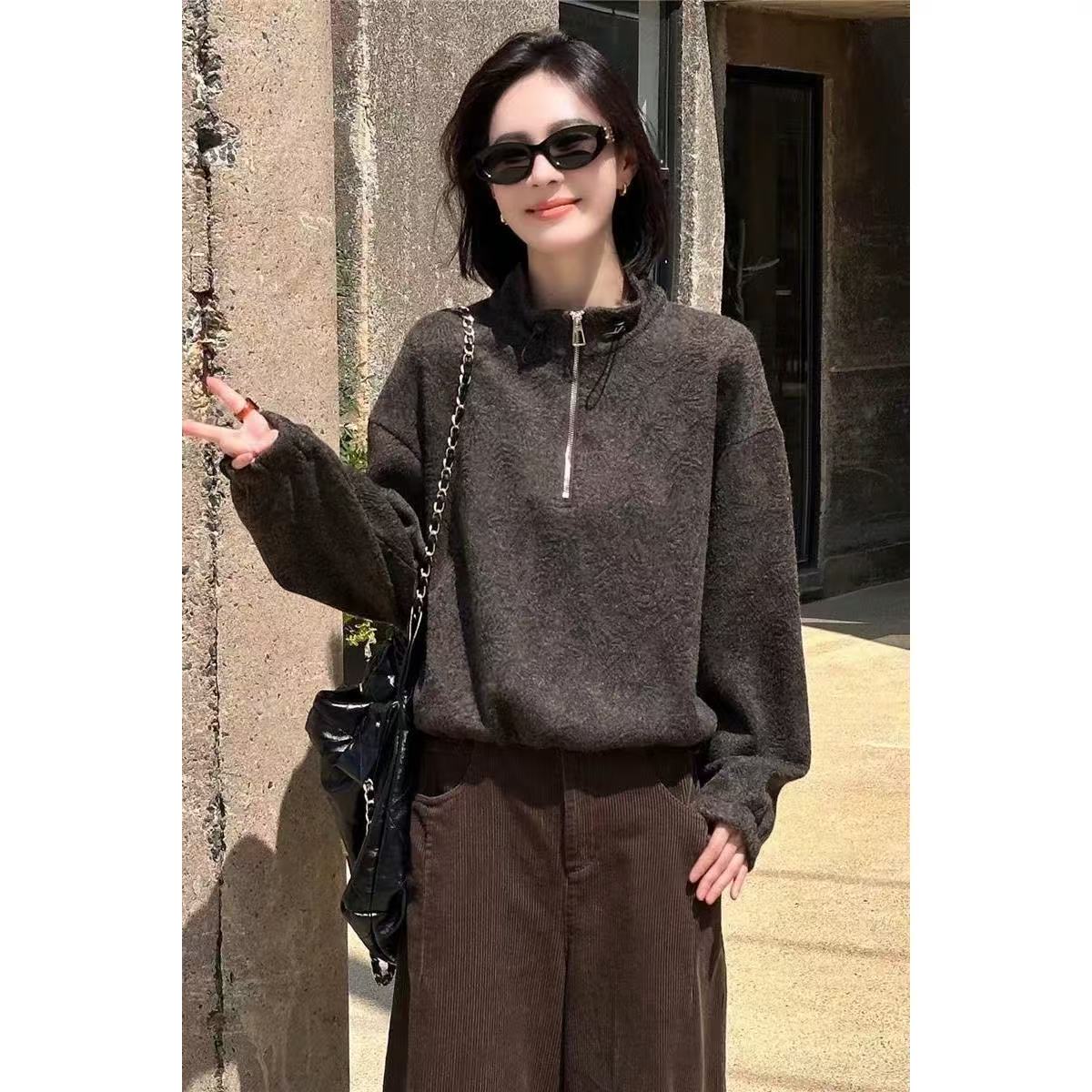 PK 胸126-150长58树叶纹肌理感高级简约半开领卫衣上衣 4702