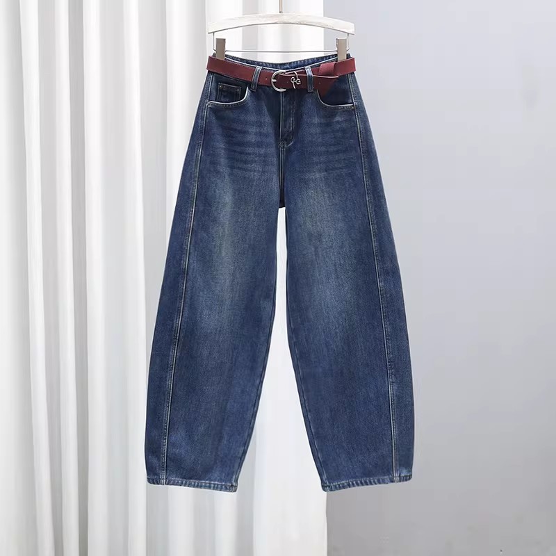 冬季新款加绒加厚弯刀裤女休闲百搭拼接长裤高腰宽松显瘦牛仔裤子