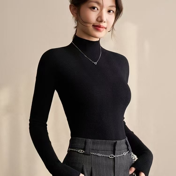 JW2025针织保暖黑色衫半高领厚款毛衣常长袖规款时尚百搭秋冬