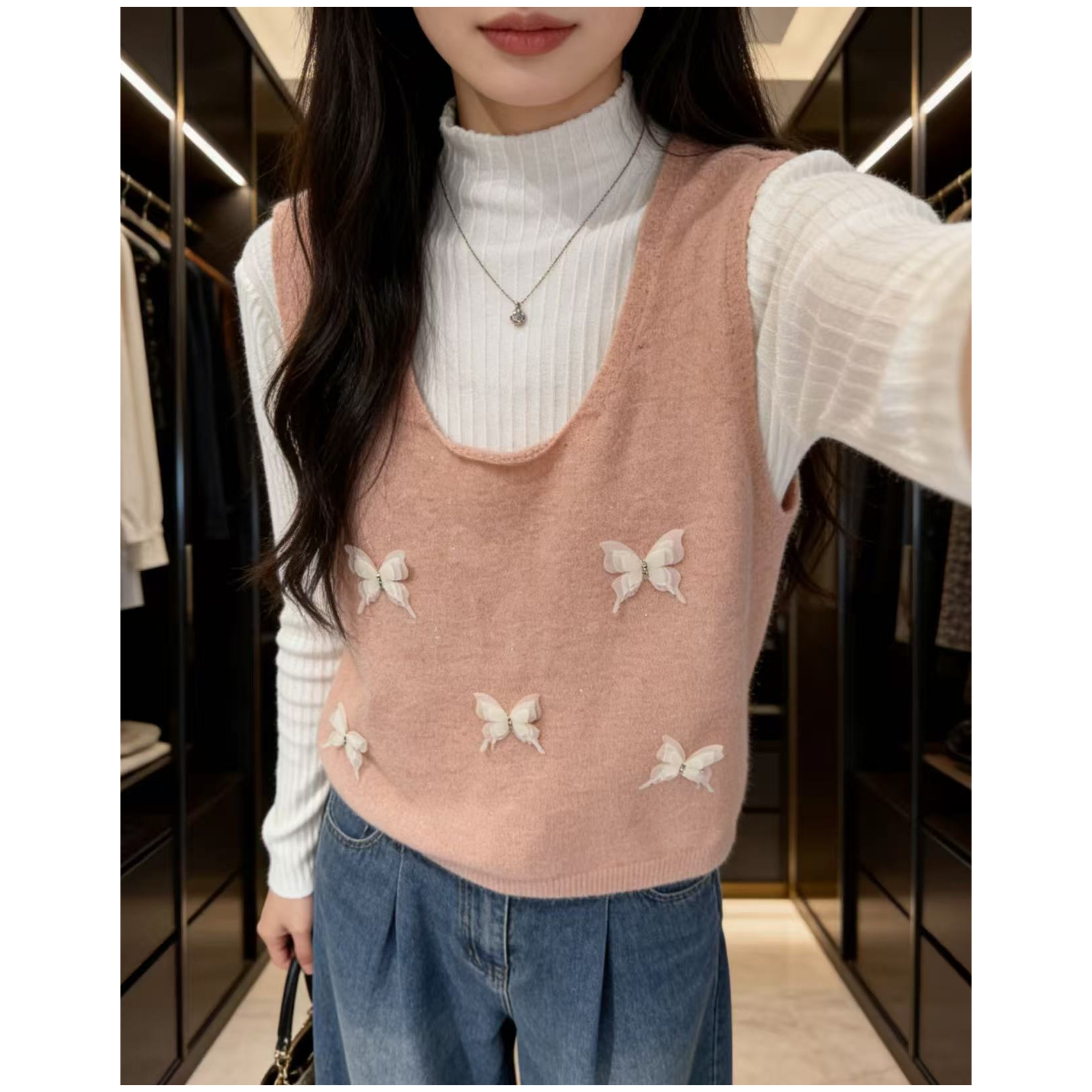 胸92-140长52减龄叠穿亮片立体蝴蝶细闪针织马夹上衣 4670