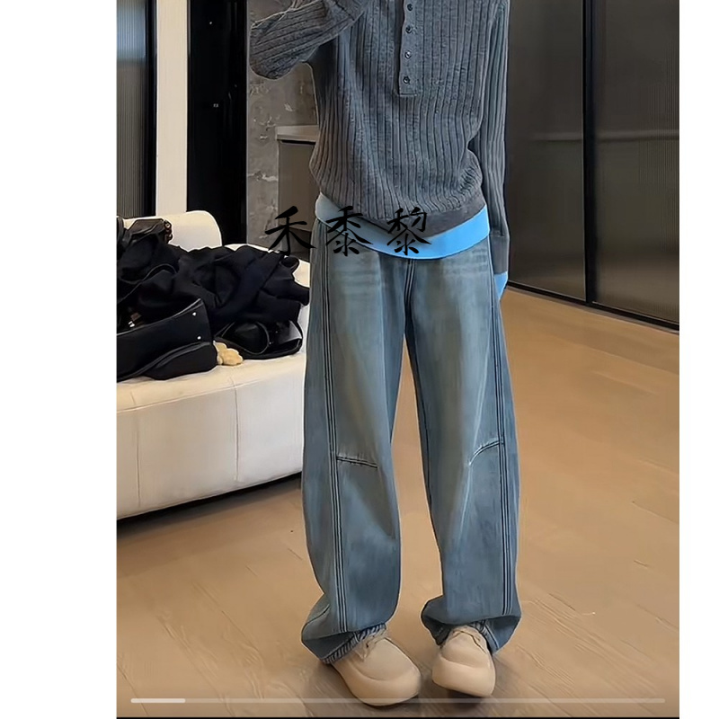 秋冬新款宽松大码弯刀牛仔裤胖mm梨形身材休闲时尚长裤窄版阔腿裤
