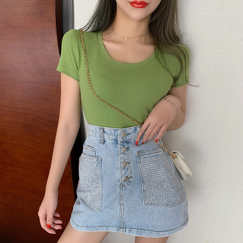 （大妞女装）下单请备住设计感T恤修身纯色短袖牛仔百搭春夏纯欲 