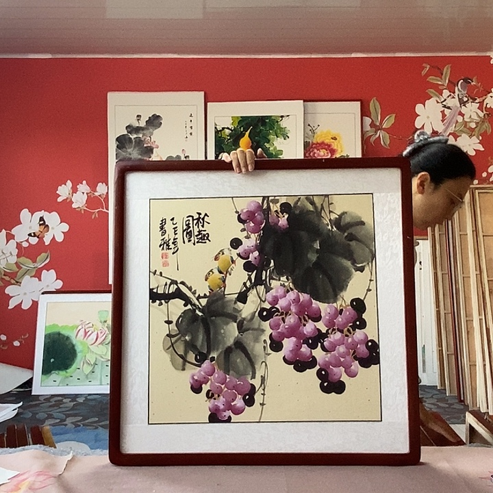国画手写手绘带框包邮国画作品62✖️62